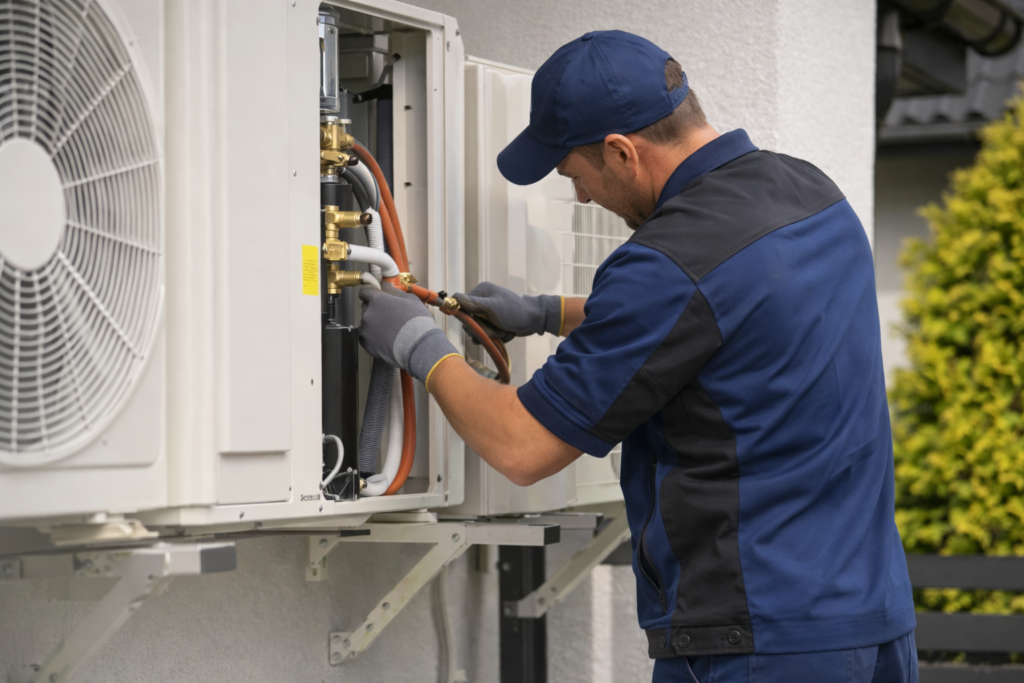 Techniker installiert Wärmepumpe